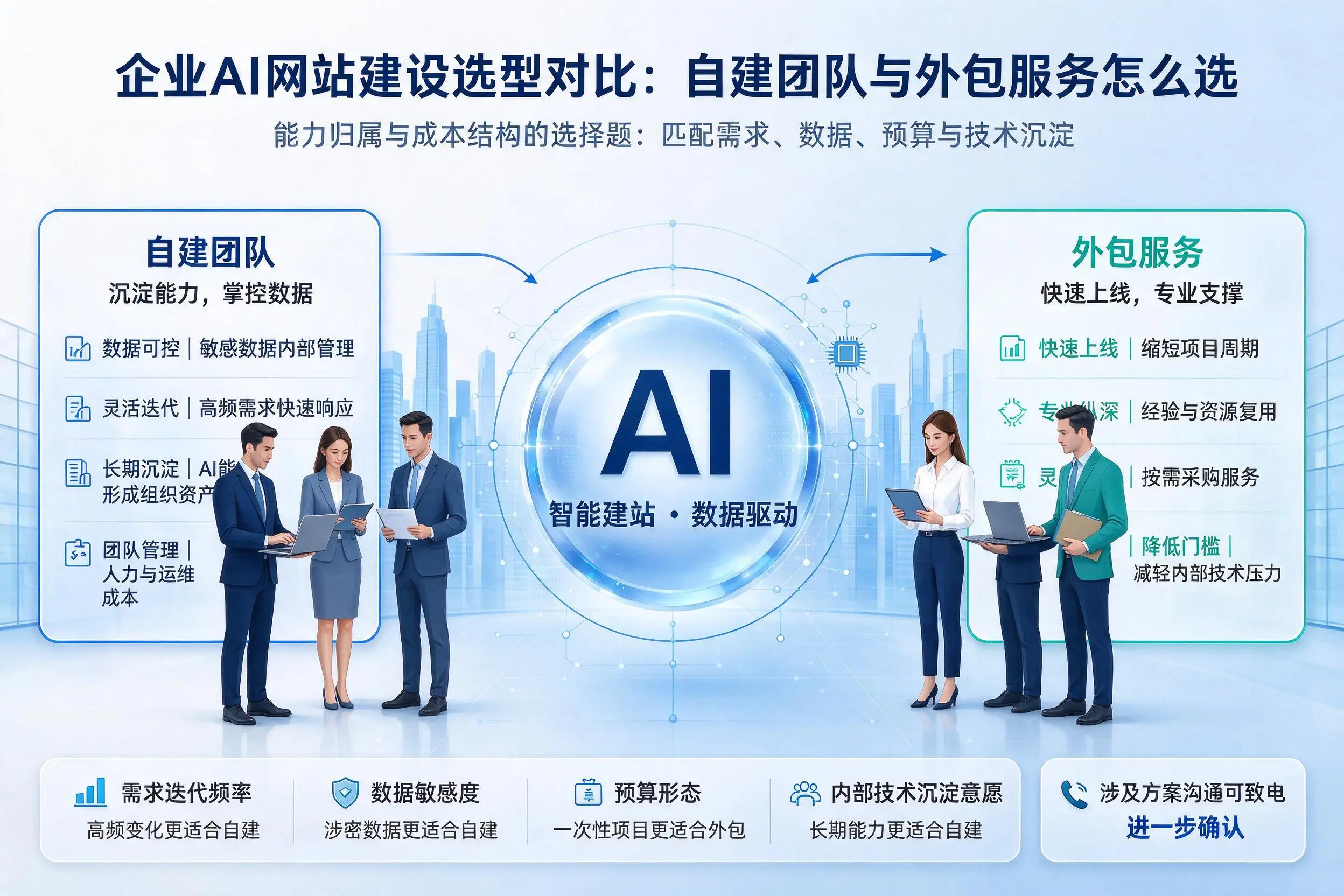 山西企业AI网站建设选型对比:自建团队与外包服务怎么选
